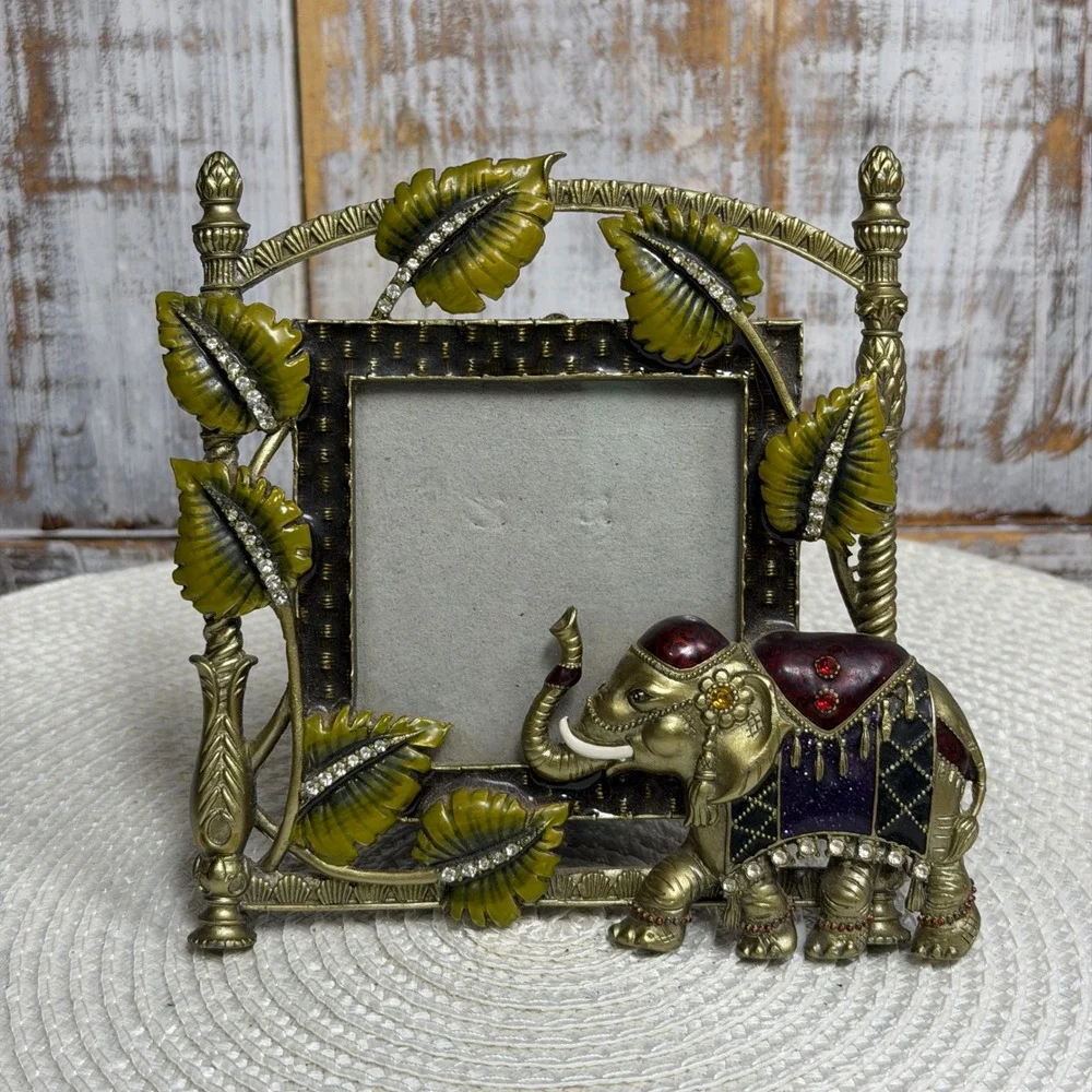 Ornate Gold Tone Elephant Enamel Rhinestone 3x3 Picture Frame Tropical Leaf Boho